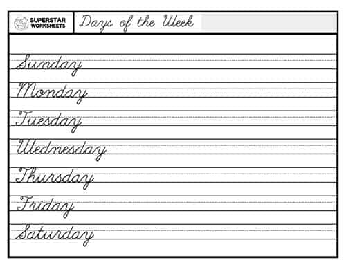 Days Of The Week Cursive Worksheets