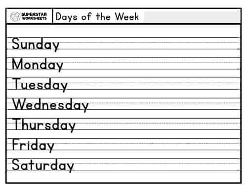 Days of the Week Handwriting Worksheets - Superstar Worksheets