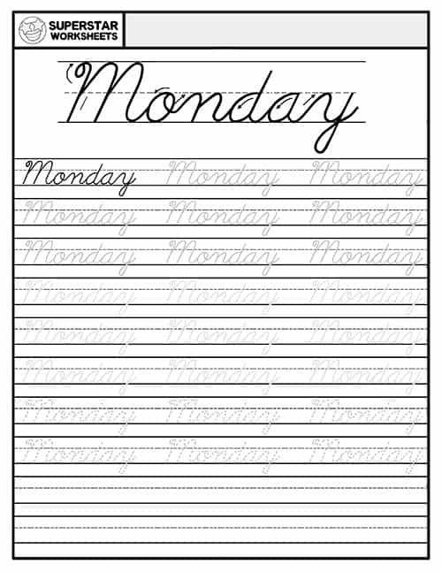 days of the week cursive worksheets superstar worksheets