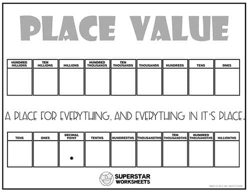 Place Value Chart Superstar Worksheets