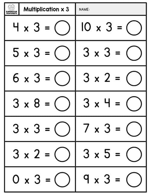 Multiplication 3 Facts Worksheets