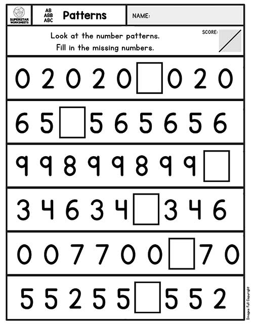 Number Pattern Worksheets For Kindergarten