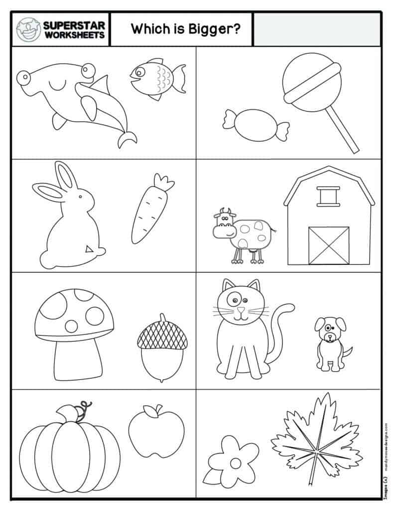 Big vs small size comparison worksheets for preschool and kindergarten