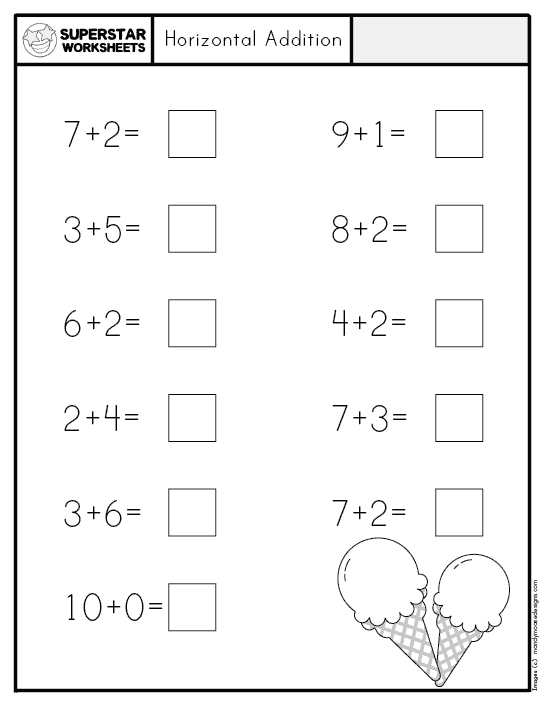 Horizontal Addition Worksheets Grade 1