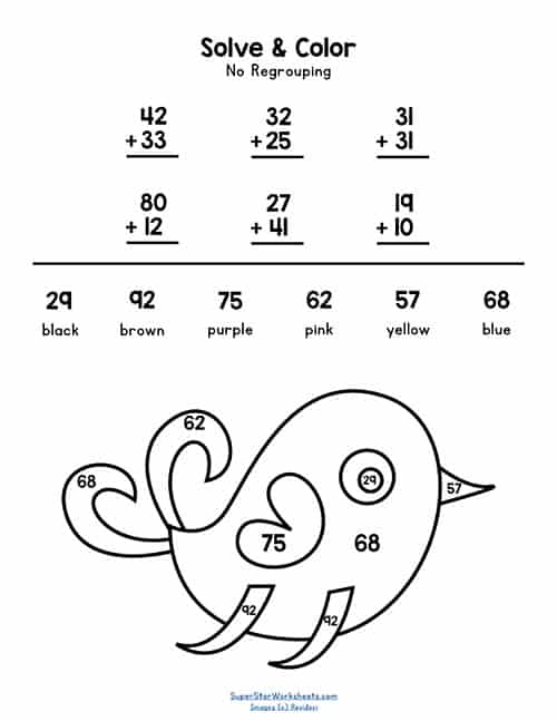 Double Digit Addition Without Regrouping Coloring Worksheets