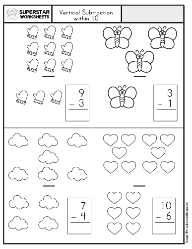Vertical Subtraction Kindergarten Worksheet