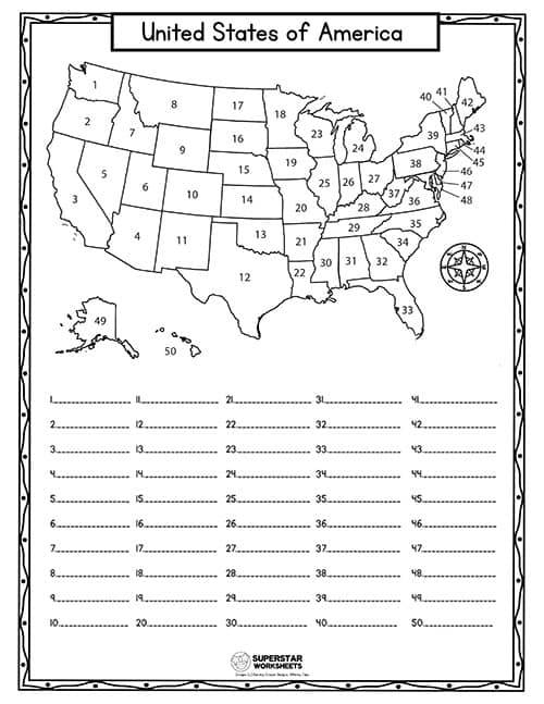 Free Printable States Worksheets   Map Numbered States Quiz 