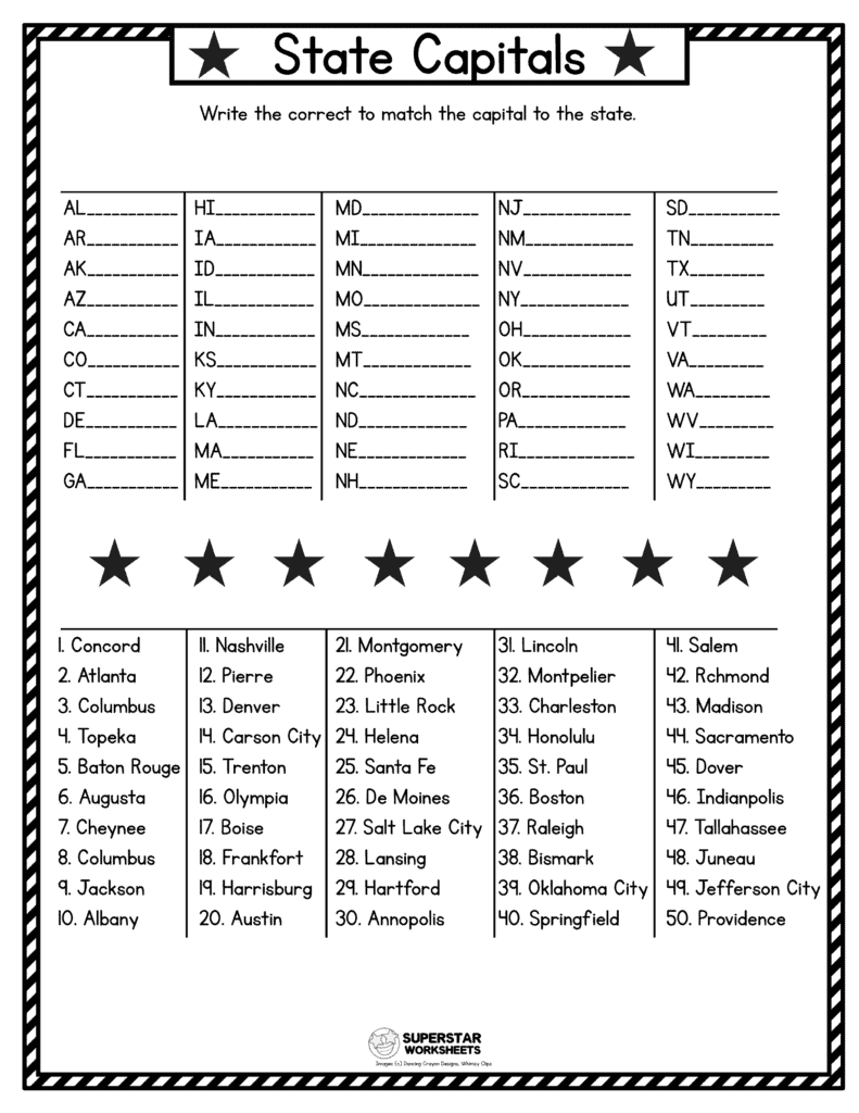 USA Map Worksheets - Superstar Worksheets Within States And Capitals Matching Worksheet