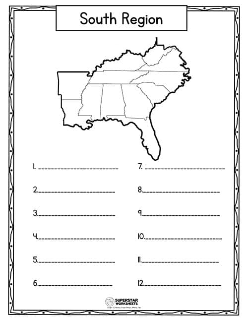 Fill In States Map Worksheets 99worksheets Images   South Region 