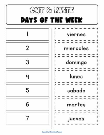 SPANISH Days of the Week Worksheets - Superstar Worksheets