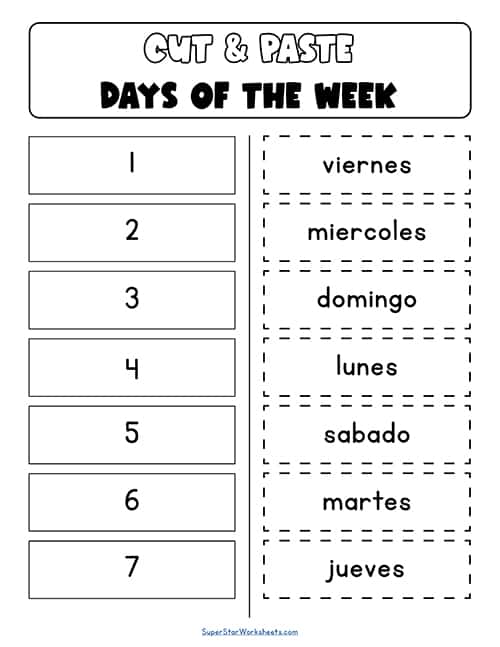 SPANISH Days Of The Week Worksheets Superstar Worksheets