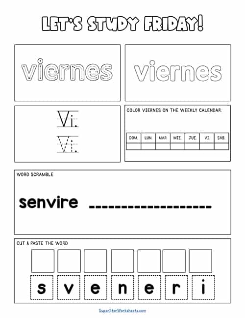 SPANISH Days of the Week Worksheets - Superstar Worksheets