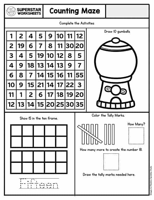 Math Worksheets For Kindergarten Counting 1 20 Worksheets For 