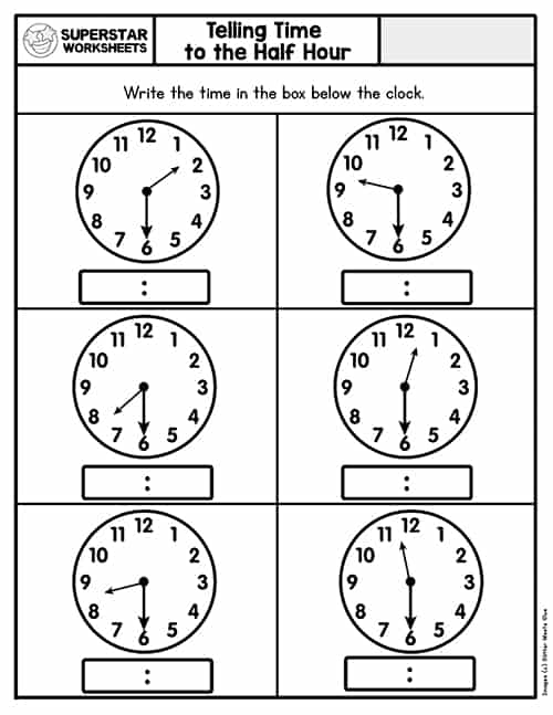 Grade 2 Telling Time Worksheets Reading A Clock Half Hours K5 Learning Clock Worksheets 