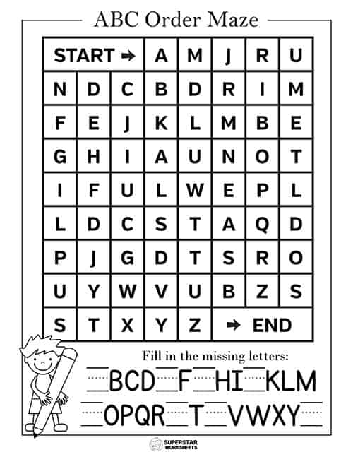 abc order mazes superstar worksheets