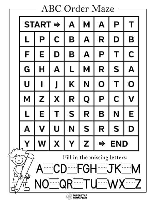 abc order mazes superstar worksheets