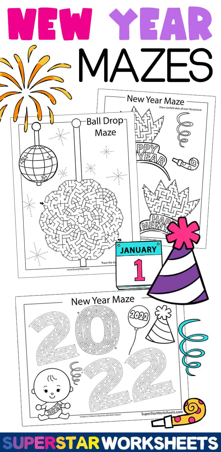 New Year's Day Mazes - Superstar Worksheets