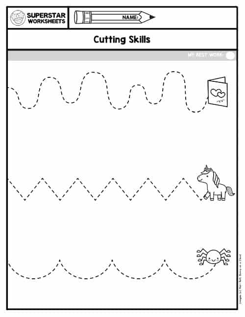 Cutting practice for kids. Black and white worksheet. Cut out and