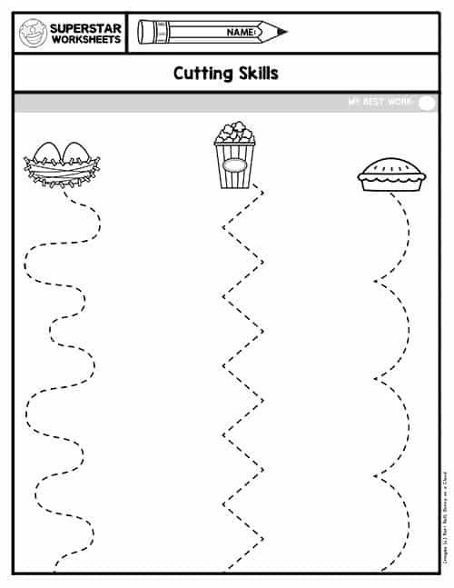 Cutting practice for kids. Black and white worksheet. Cut out and