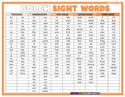 Dolch Sight Words - Superstar Worksheets