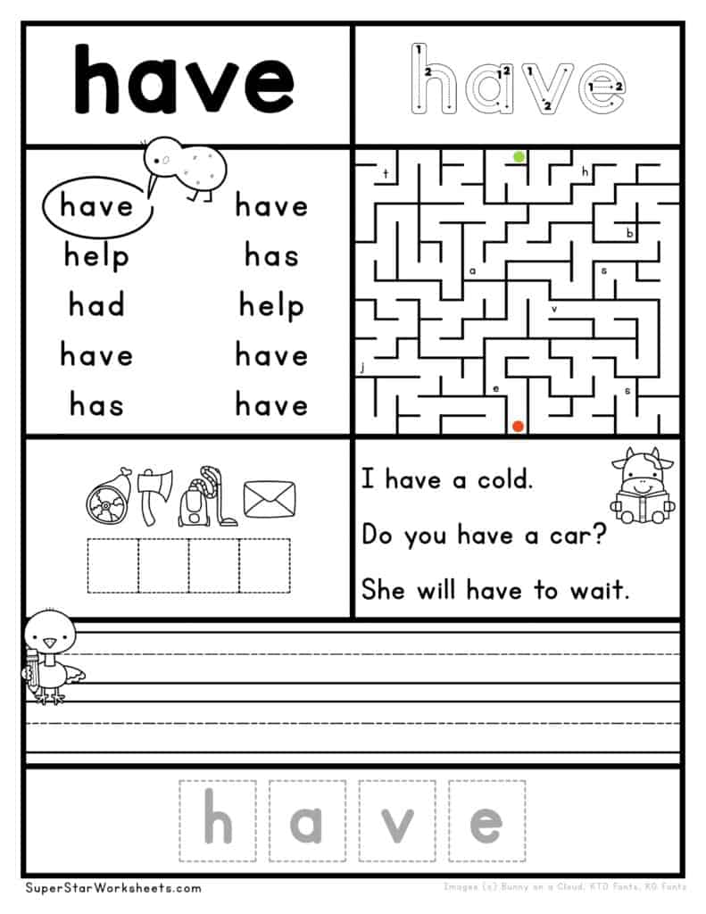 kindergarten worksheets sight words