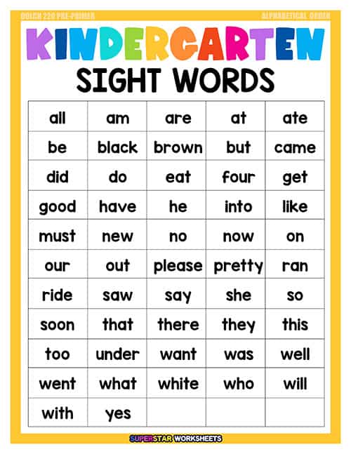 Kindergarten Sight Words Superstar Worksheets