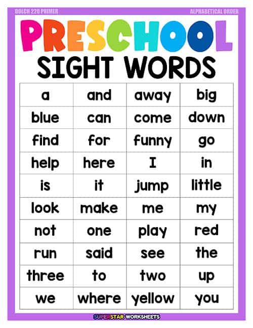 pre k words printable