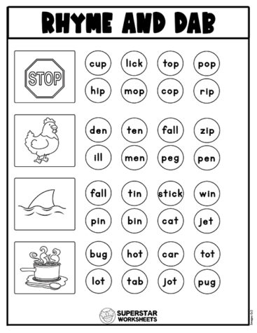 Rhyming Worksheets for Kindergarten - Superstar Worksheets