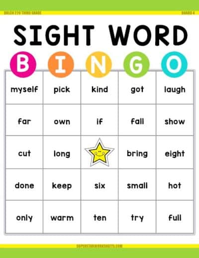 Sight Word BINGO Superstar Worksheets