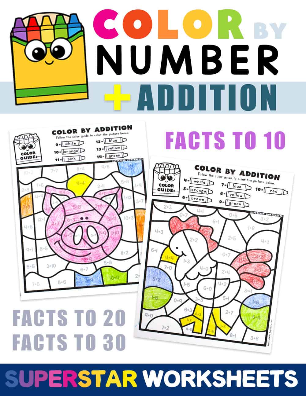 Addition Color By Number Superstar Worksheets