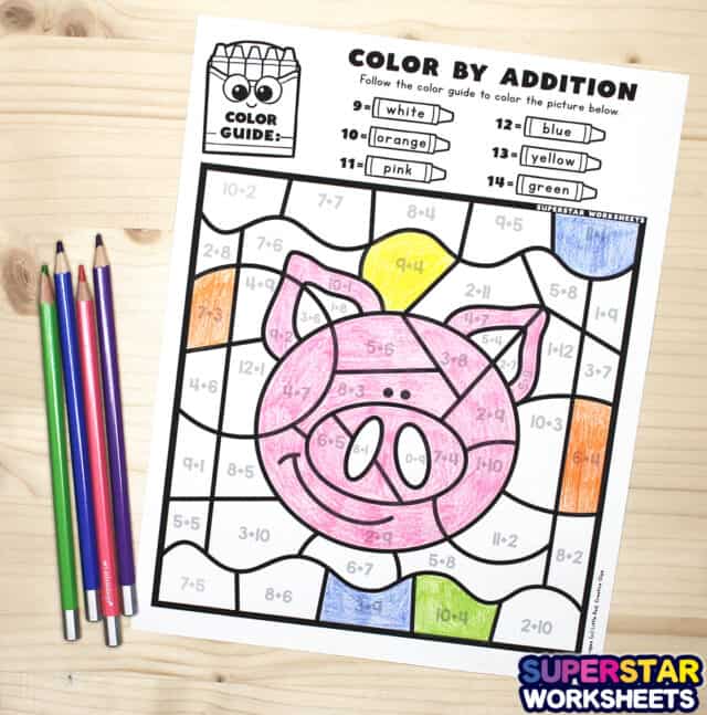Addition color by number superstar worksheets