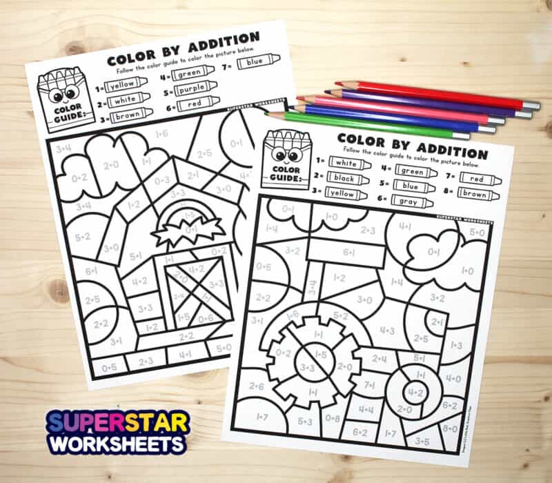 addition-color-by-number-superstar-worksheets