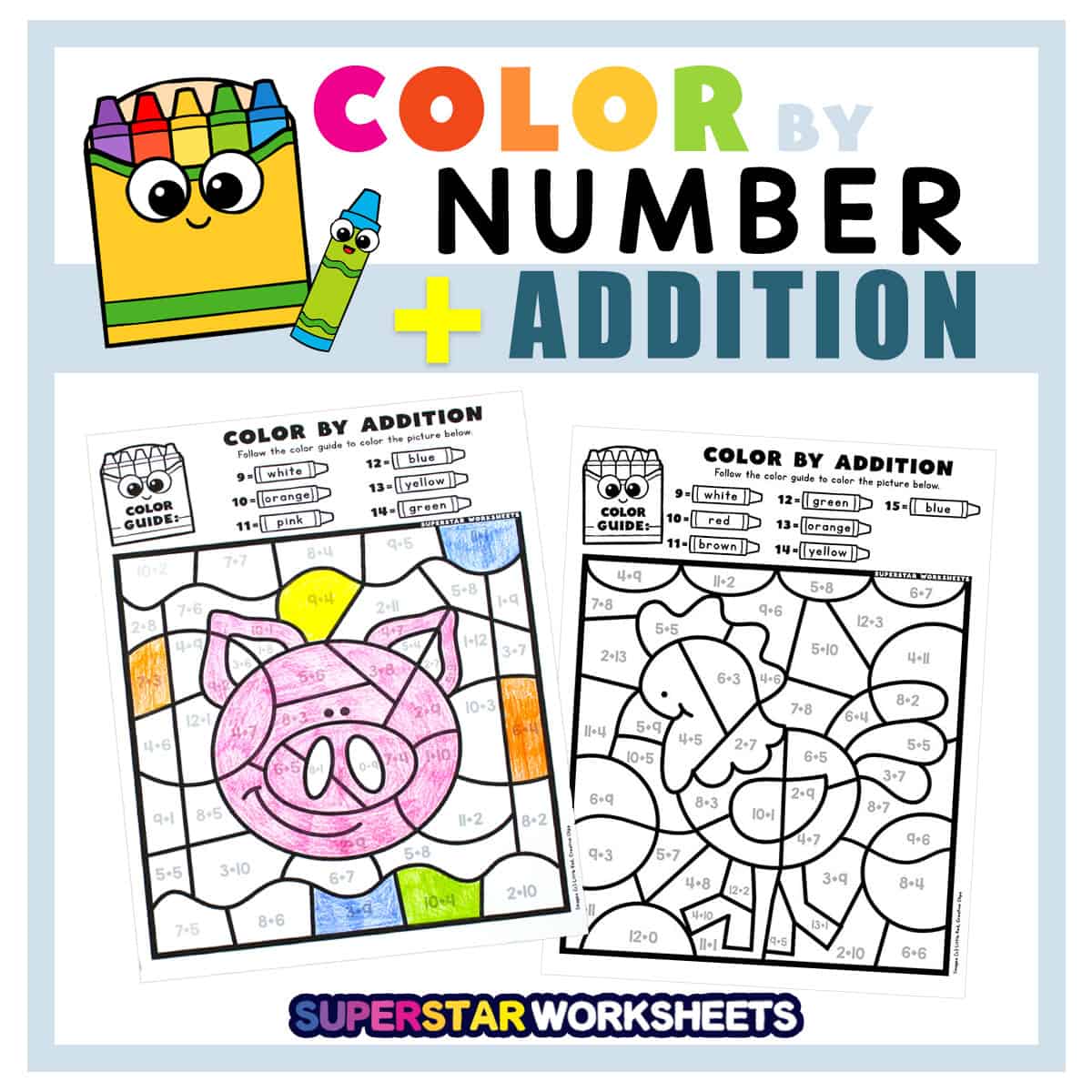 addition-color-by-number-superstar-worksheets