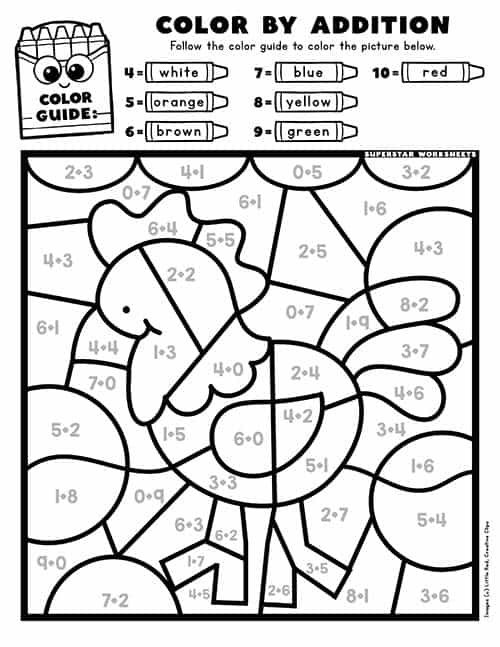 Addition Color By Number - Superstar Worksheets