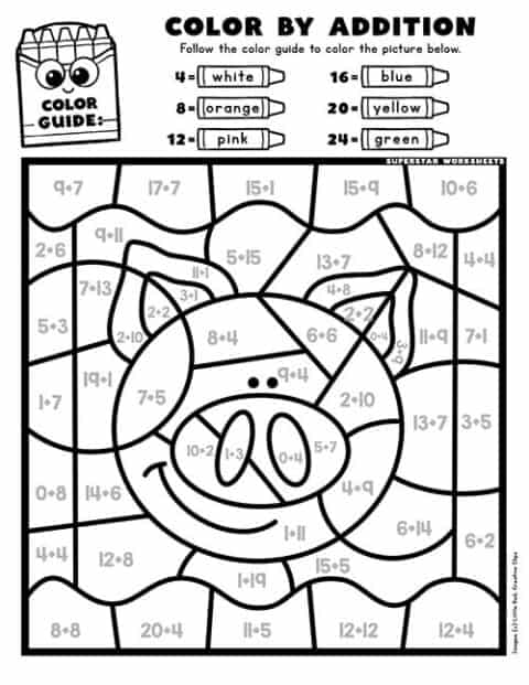 Addition Color By Number Superstar Worksheets 