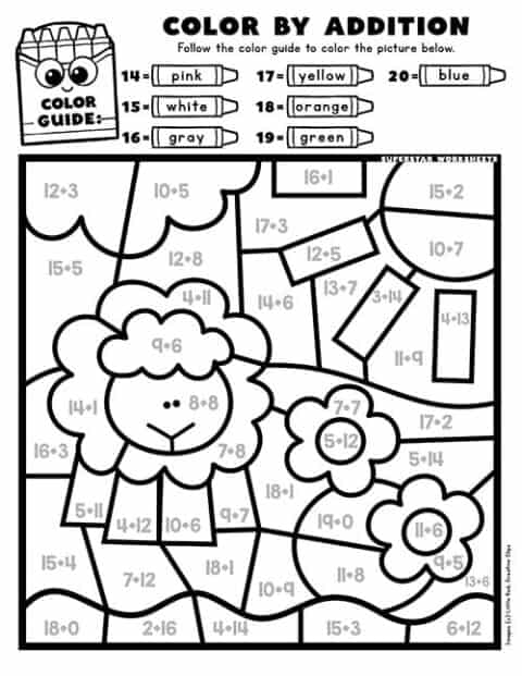 Addition Color By Number Superstar Worksheets