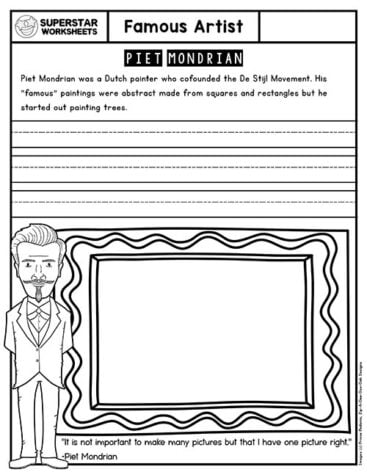 Famous Artist Worksheets Superstar Worksheets   FamousArtistMondrian 367x475 