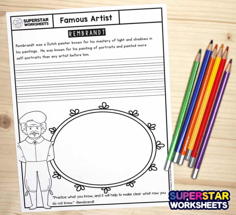 Famous Artist Worksheets Superstar Worksheets   FamousArtistPrintableWorksheets 768x701 