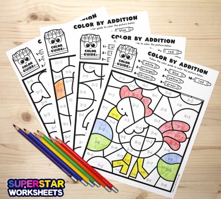 Addition Color By Number - Superstar Worksheets