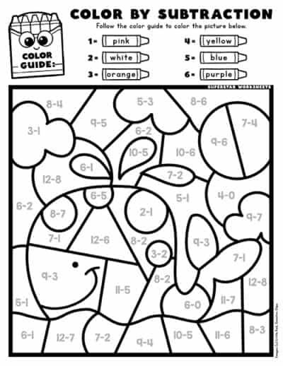 Subtraction Color By Number - Superstar Worksheets