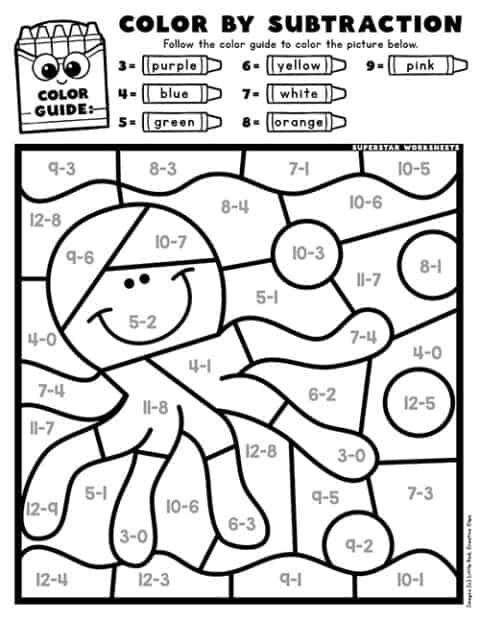 Subtraction Color By Number Superstar Worksheets 5597