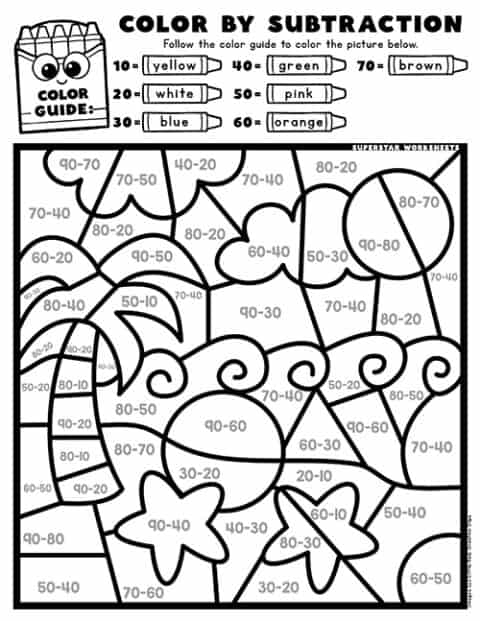 Subtraction Color By Number Superstar Worksheets 9813