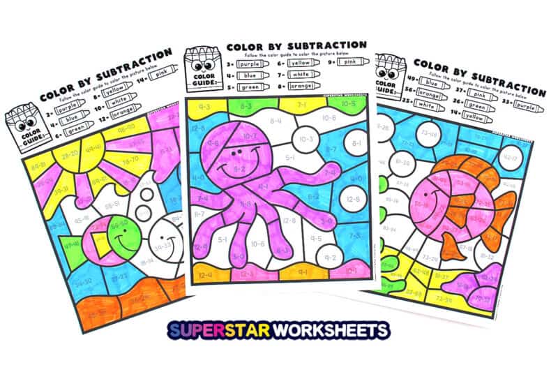 subtraction-color-by-number-superstar-worksheets