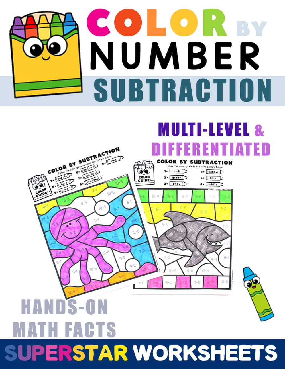 subtraction-color-by-number-superstar-worksheets