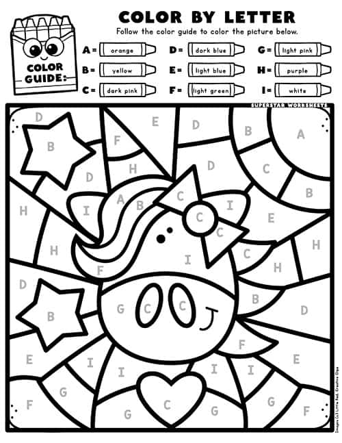 Unicorn Color By Number - Superstar Worksheets