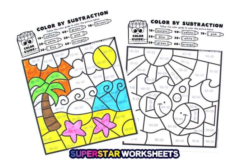 Subtraction Color By Number Superstar Worksheets