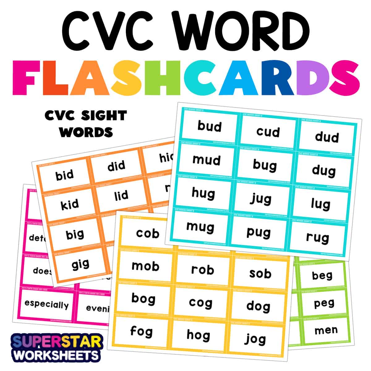 Multiple levels of flashcards showing what you get with this download.