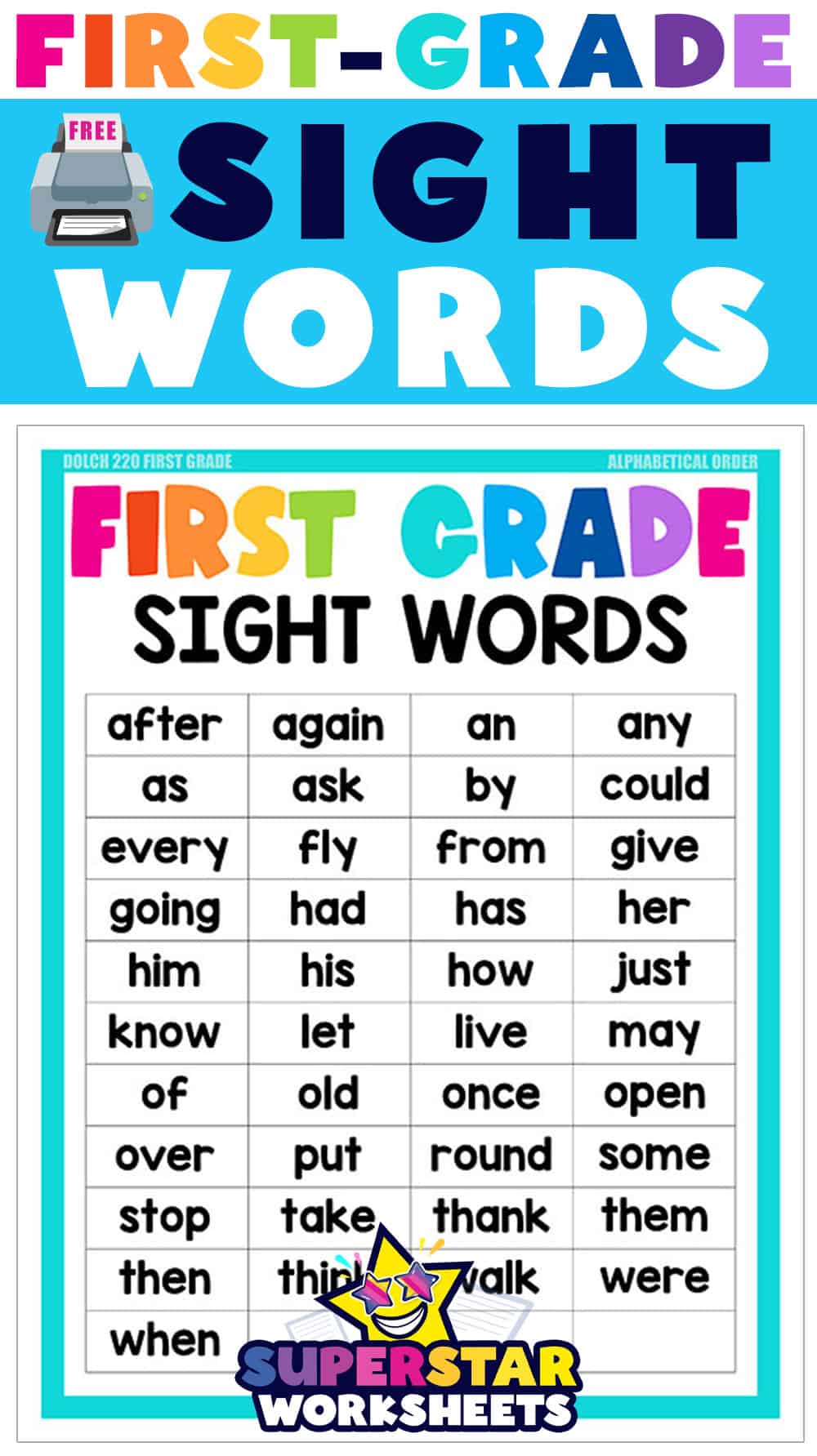 First Grade Sight Words - Superstar Worksheets