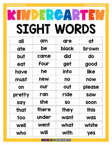 Kindergarten Sight Words - Superstar Worksheets