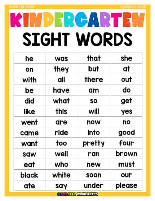 kindergarten sight words list printable